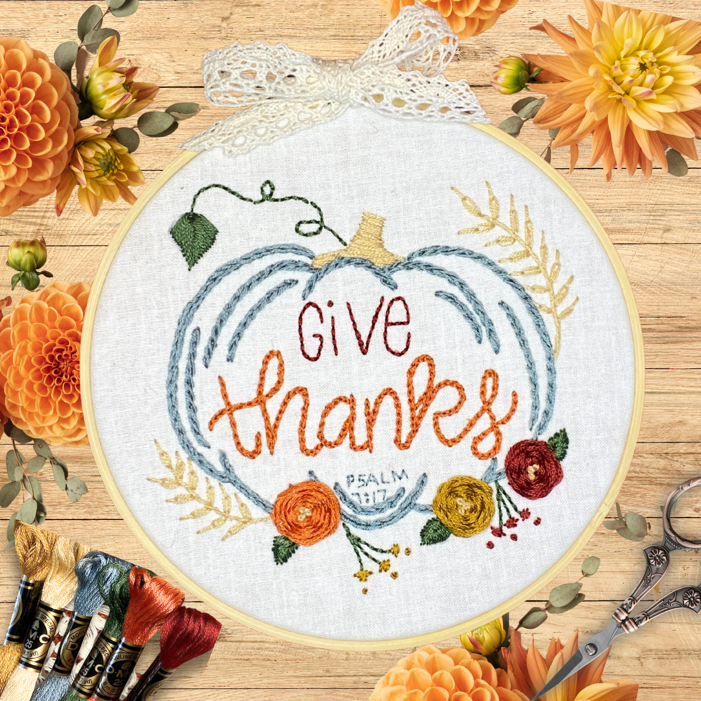 Give Thanks Embroidery Kit with Devotional | Psalm 107:1 (Gratitude)